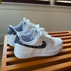 Nike Air Force 1 White Sneakers with Black Paisley Swoosh